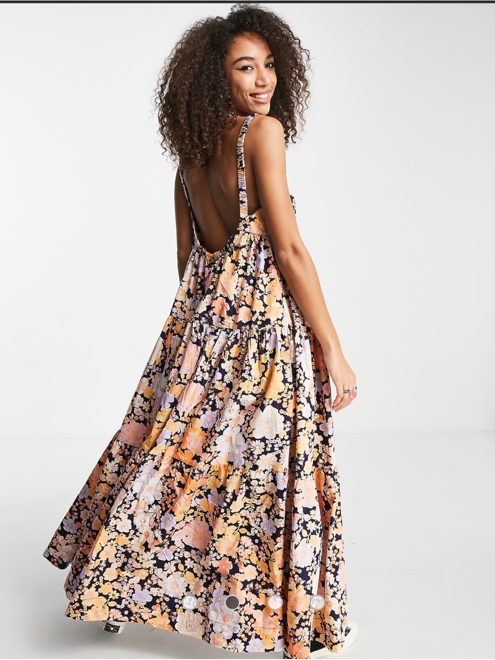 Free People Park Slope Maxi Dress Navy blue with Peach Lilac flowers - Picture 3 of 8